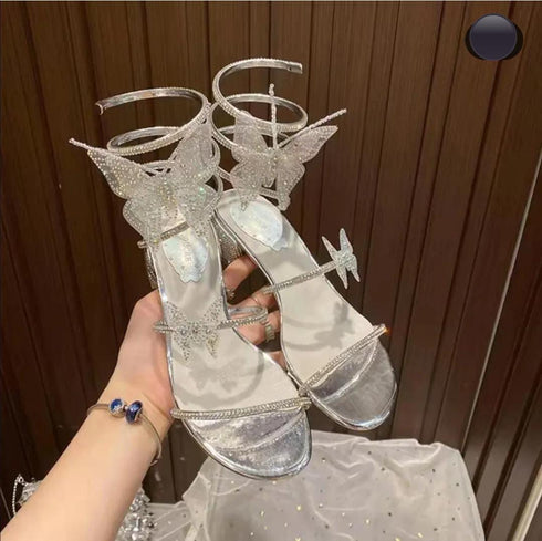 Summer Women Butterfly Wraps Mid Block Heels